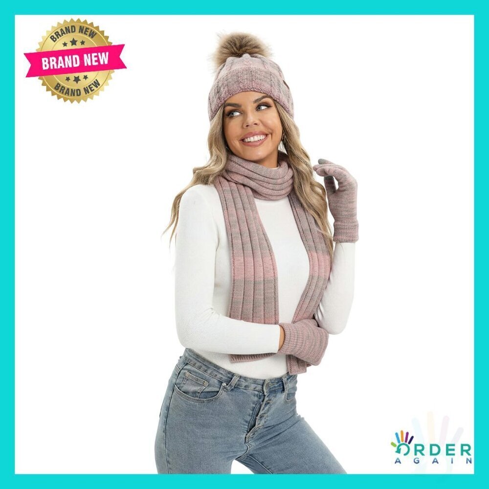 Winter Knit Beanie Scarf Gloves Set Fleece Lined Touch Screen Cozy Chic